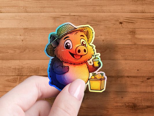 Cute Pig Character with Hat Drink Sticker product type