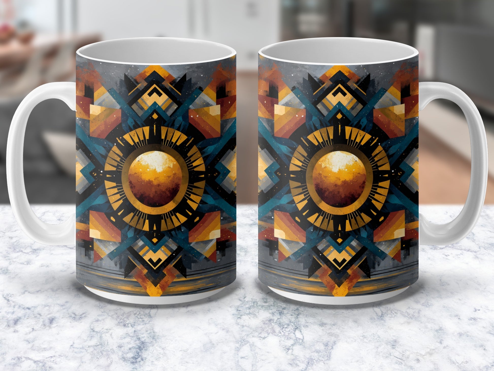 Geometric Aztec Design Coffee Mugs, Tribal Pattern Ceramic Cups, Unique Southwestern Kitchen Decor, Set of 2