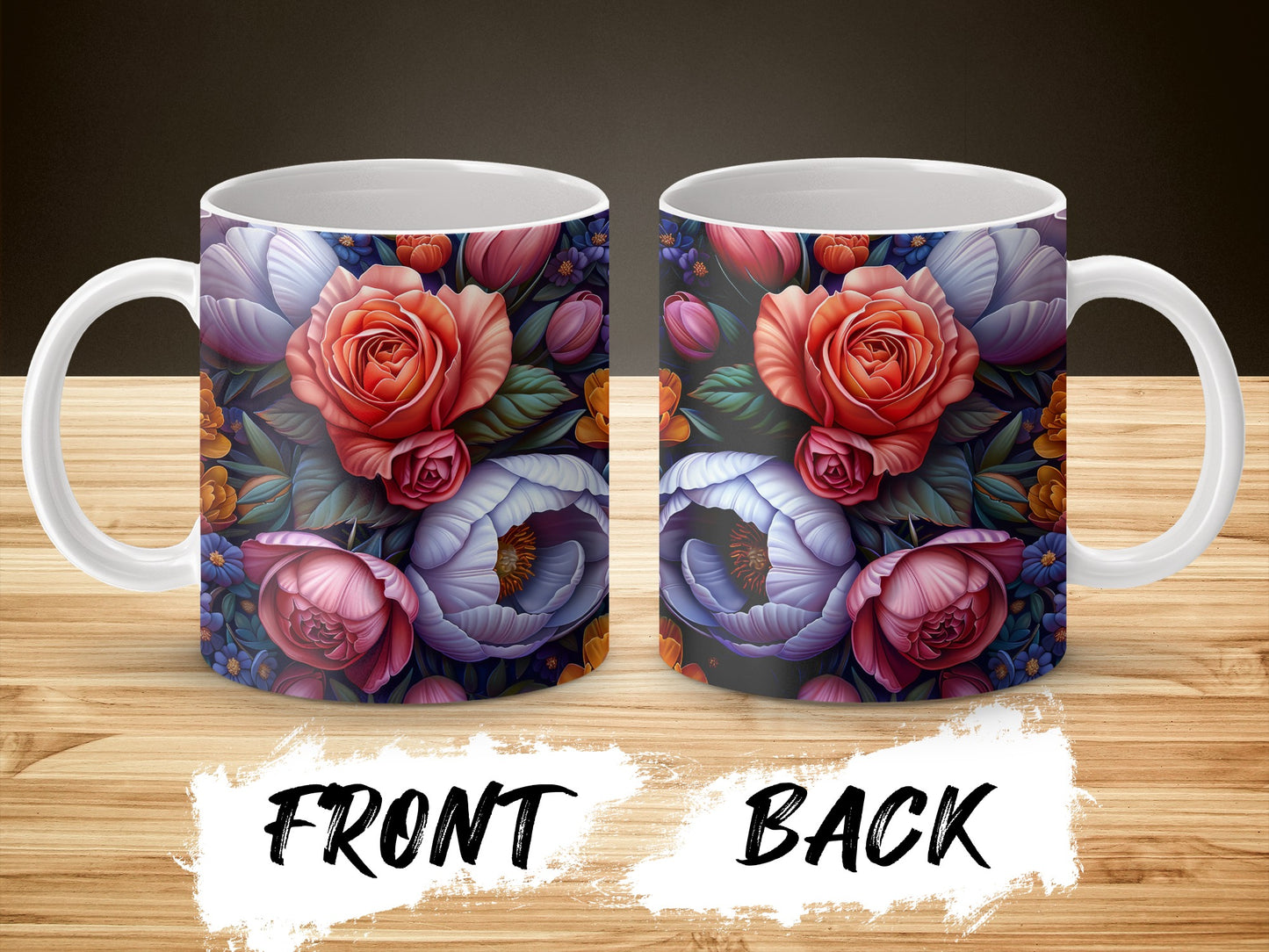 Floral Coffee Mug, Vibrant Rose Design, Gift for Her, Colorful Flowers, Ceramic Cup, Garden Inspired, Front and Back Image, Unique Drinkware