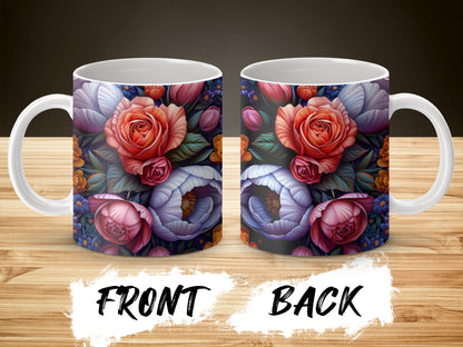 Floral Coffee Mug, Vibrant Rose Design, Gift for Her, Colorful Flowers, Ceramic Cup, Garden Inspired, Front and Back Image, Unique Drinkware