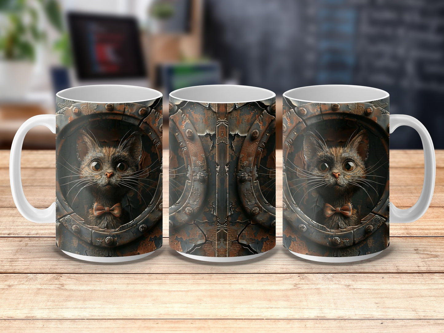Cute Cat Mug, Rustic Metal Design, Unique Coffee Cup, Kitten Lover Gift, Home Office Decor