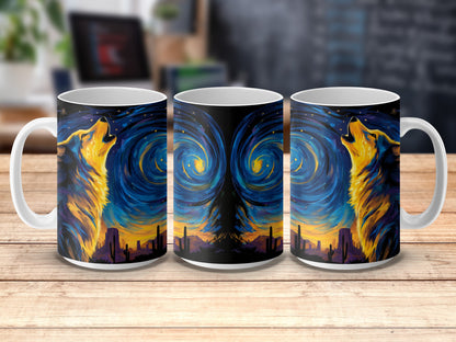 Van Gogh Inspired Wolf Coffee Mug, Artistic Blue Starry Night Sky Cityscape, Unique Art Gift for Animal Lovers