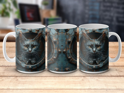 Steampunk Cat Mug, Unique Whimsical Cat Art Coffee Cup, Designer Gift for Cat Lovers, Fantasy Kitchen Decor