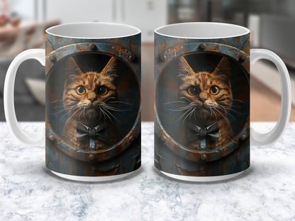 Steampunk Cat Mug, Victorian Style Kitten Coffee Cup, Unique Cat Lover Gift, Rustic Kitchen Decor