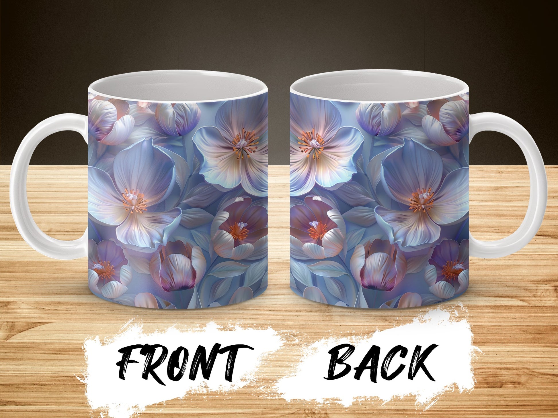 Floral Coffee Mug, Blue Flowers Print, Elegant Tea Cup, Front and Back Design, Gift Idea