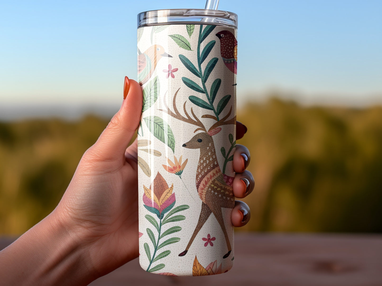 Nature Inspired Deer and Floral Pattern Tumbler product