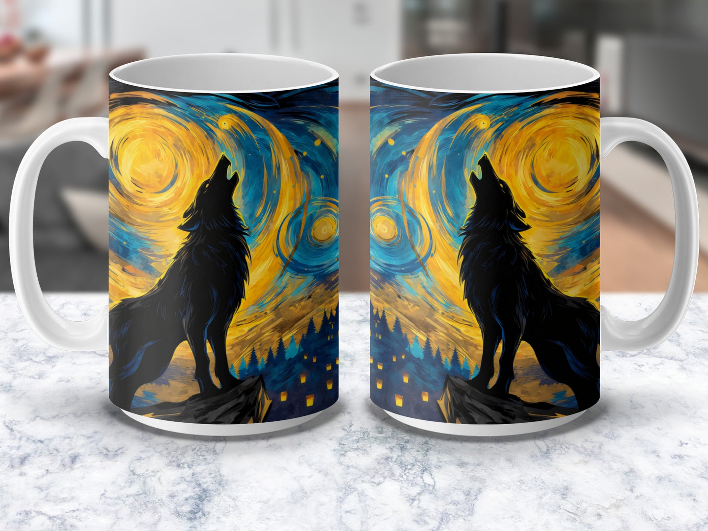 Van Gogh Inspired Starry Night Wolf Silhouette Coffee Mug, Artistic Drinkware, Unique Gift Idea