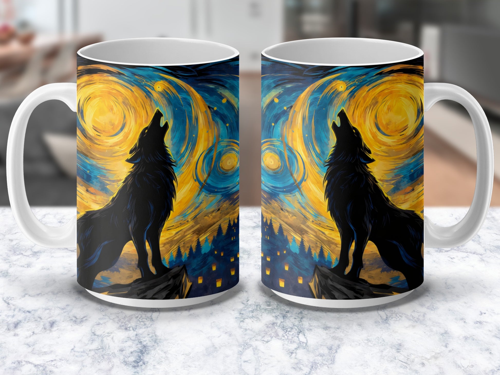 Van Gogh Inspired Starry Night Wolf Silhouette Coffee Mug, Artistic Drinkware, Unique Gift Idea