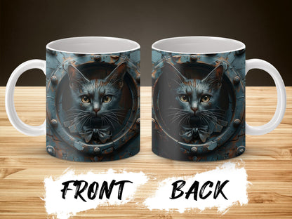 Steampunk Cat Mug, Vintage Mechanical Cat Design, Unique Coffee Cup Gift, Cat Lover Present