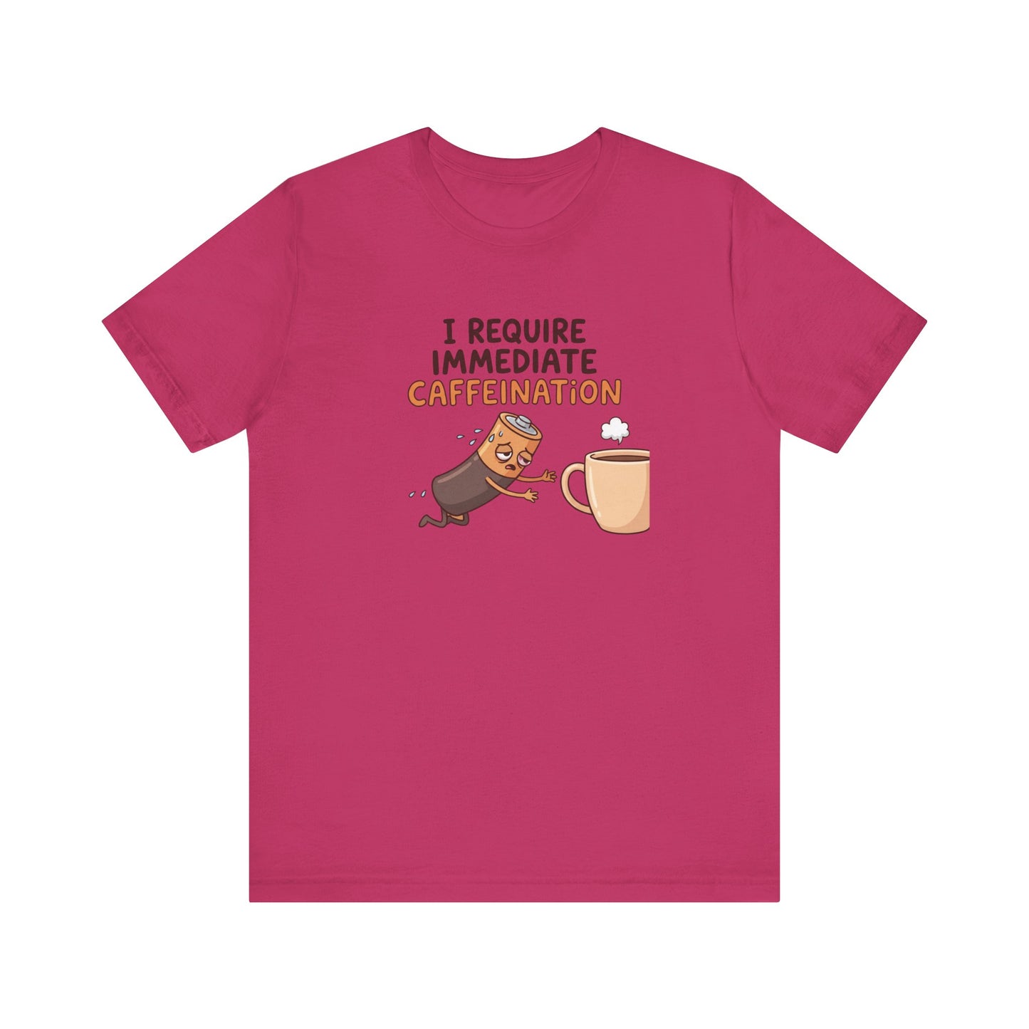 Battery character leaning towards a steaming mug of coffee with text "I REQUIRE IMMEDIATE CAFFEINATION".