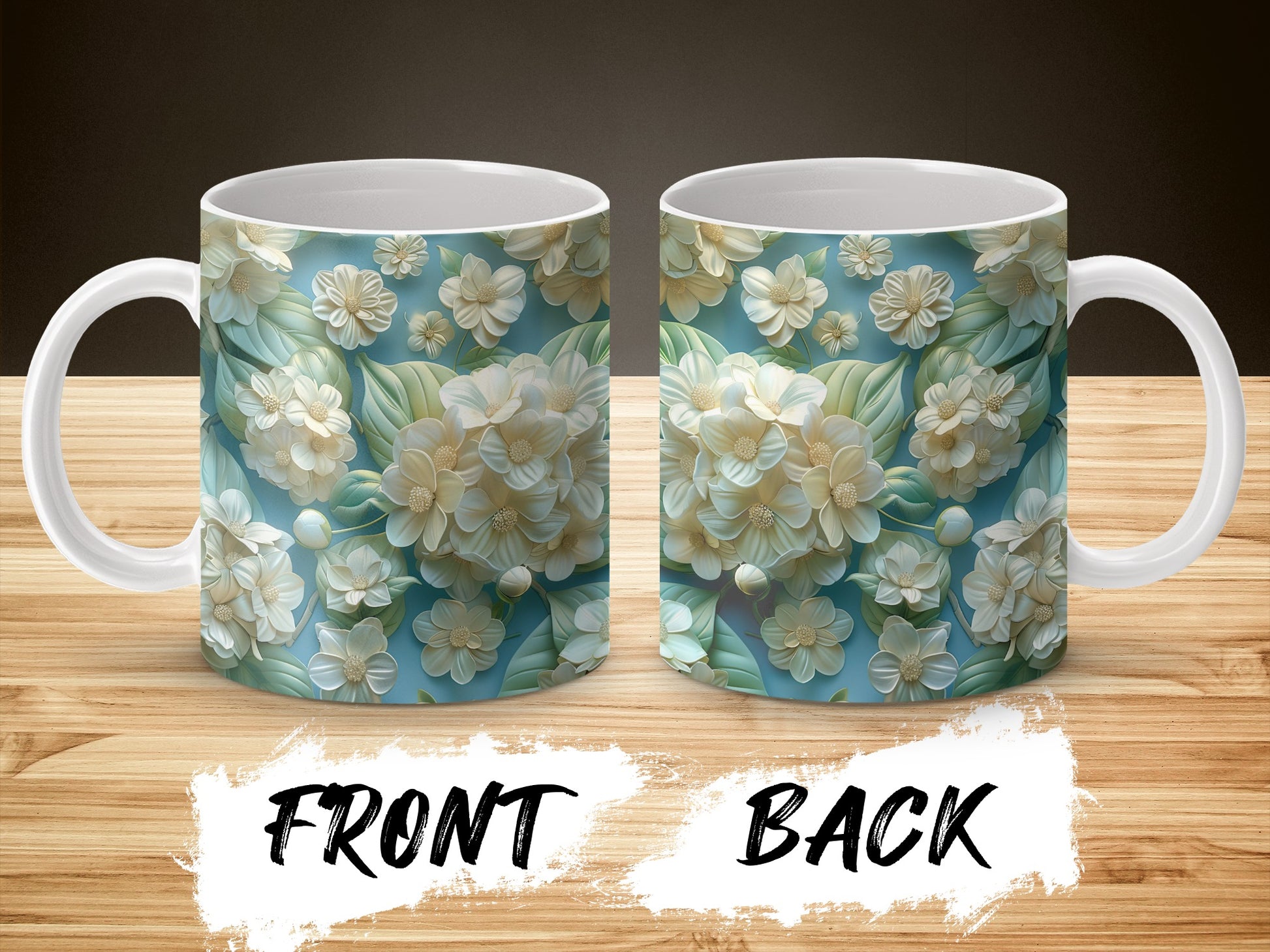 Floral Coffee Mug, Blue and White Daisy Print, Ceramic Tea Cup, Front and Back Design, Gift Idea