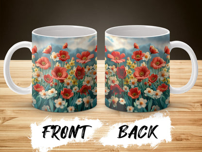 Floral Coffee Mug, Colorful Daisy and Poppy Print, Spring Flowers Tea Cup, Gift Idea, Dual Design, Nature Inspired Kitchen Decor