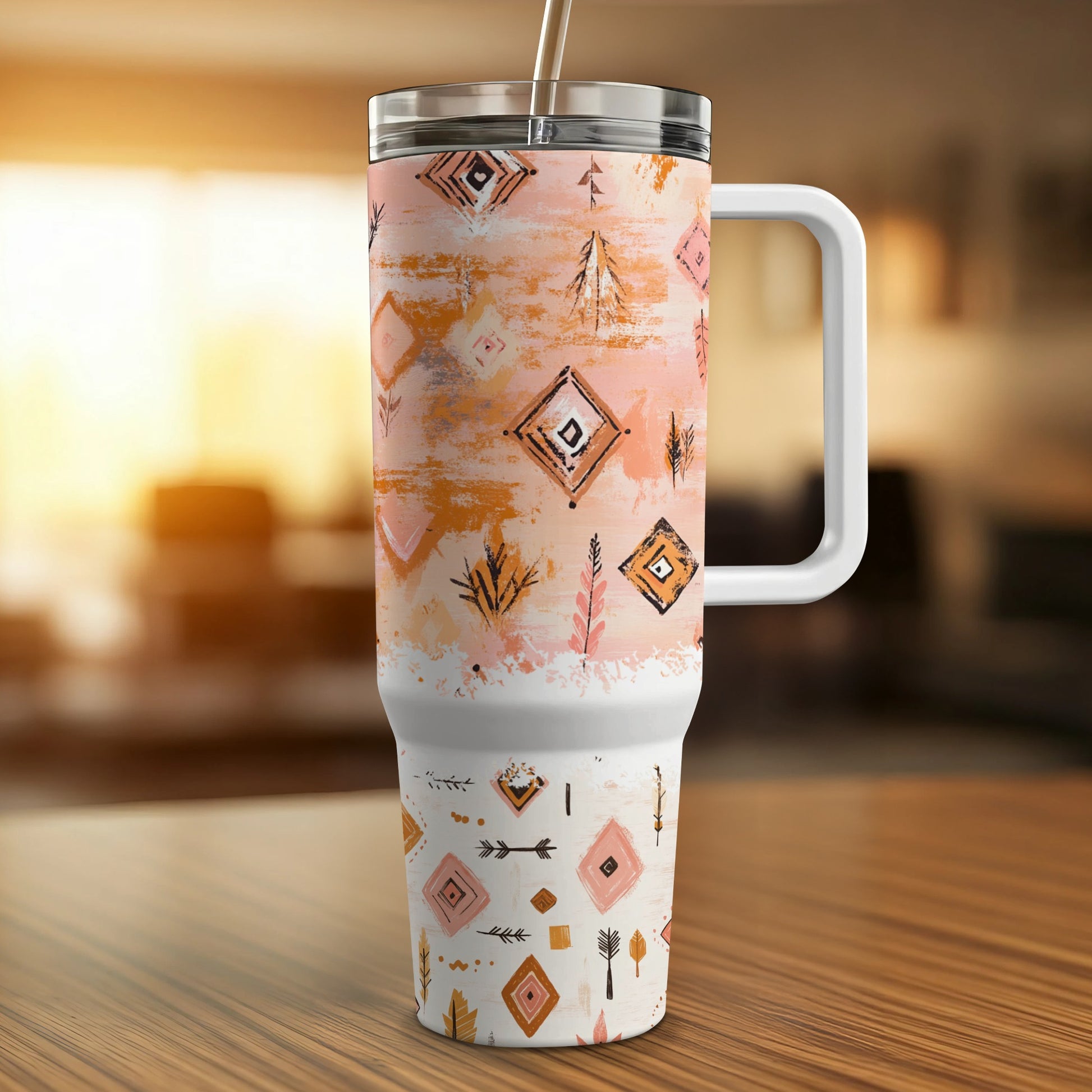 Southwestern Travel Mug, Insulated Coffee Cup, Tribal Print, Arrow and Teepee Design, Rustic Kitchen Decor, Gift for Her
