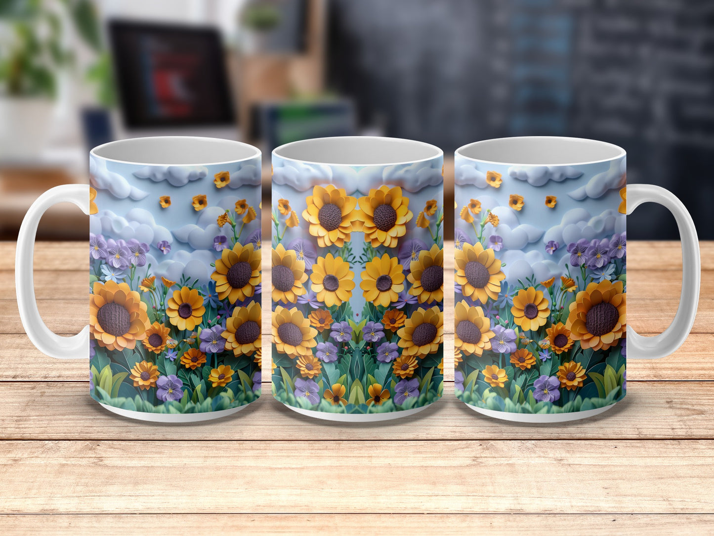 Sunflower Coffee Mug Set, Floral Ceramic Cups, Blue Sky Spring Flowers, Kitchen Decor, Gift Idea