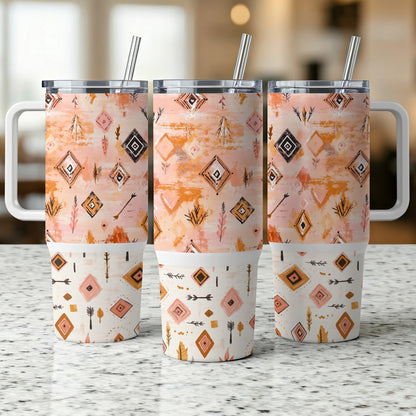 Boho Chic Insulated Tumblers, Stainless Steel Travel Mugs, Southwestern Pattern, Eco-Friendly Drinkware with Straws, Set of 3