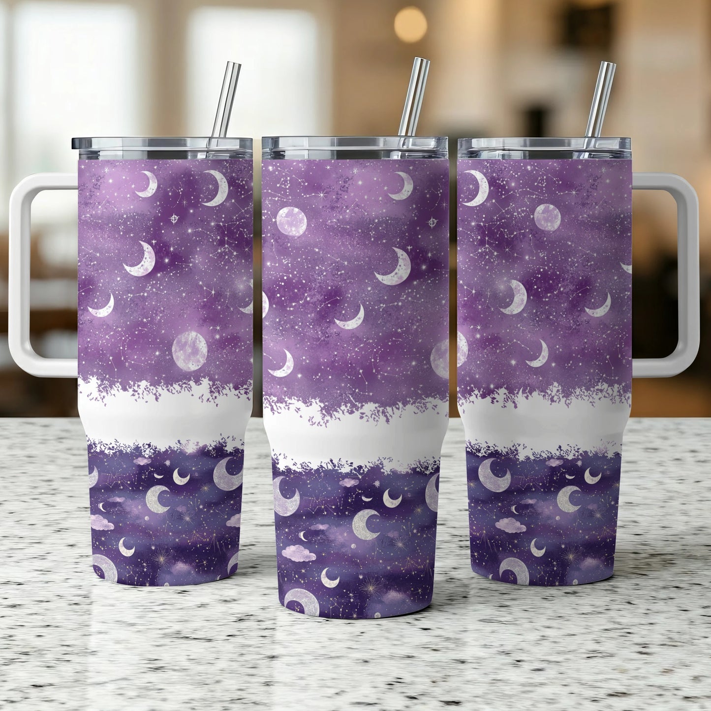Galaxy Print Tumblers, Stainless Steel Insulated Cups, Purple Space Design, Moon Phases, Travel Mug with Straw, Set of Three