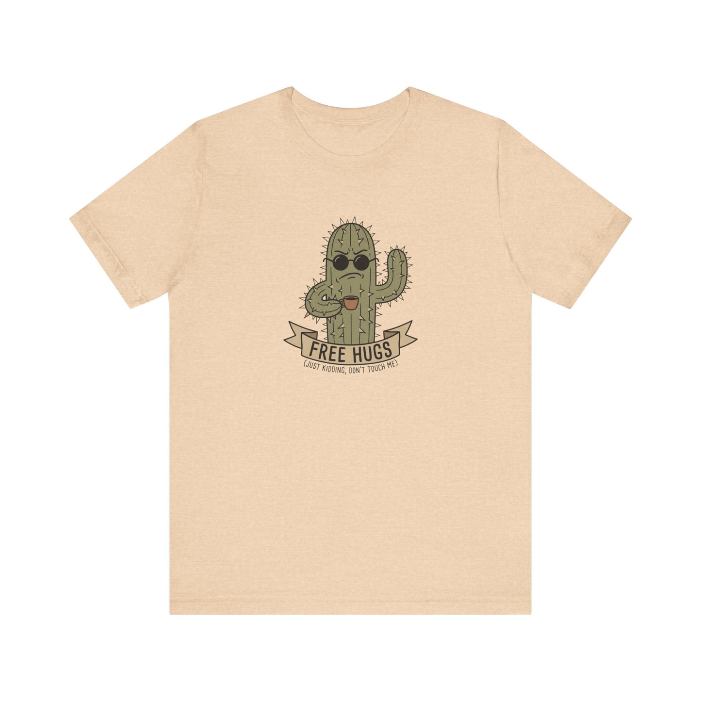 T-shirt graphic of a cactus wearing sunglasses and holding a sign that says "FREE HUGS".