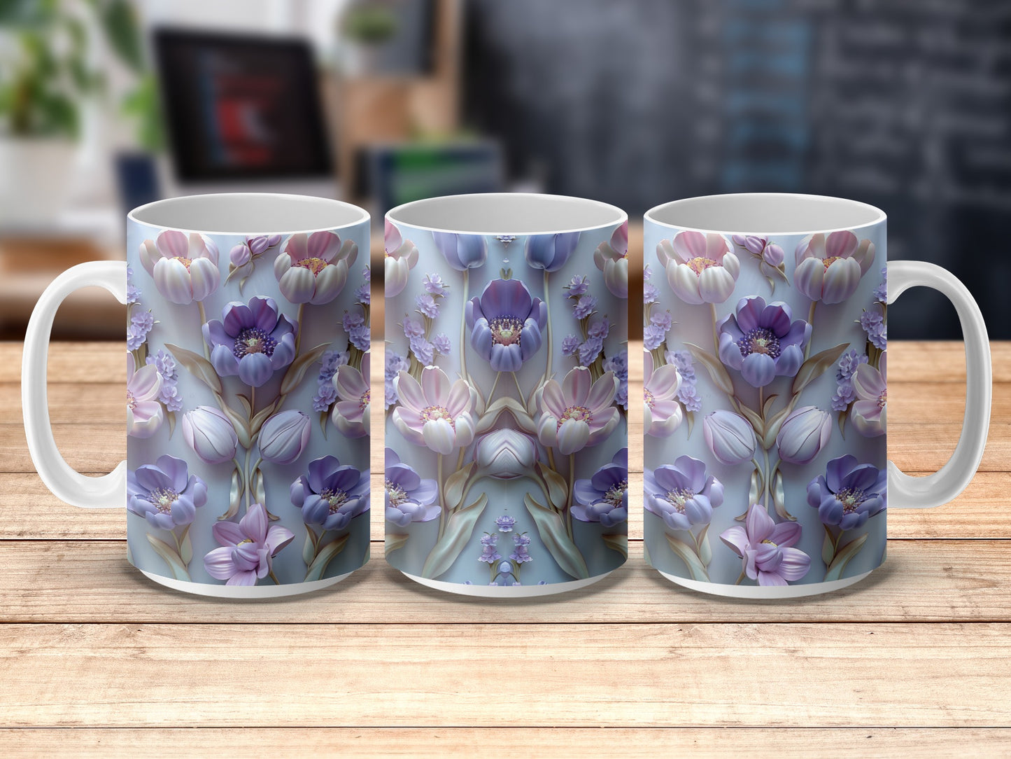 Floral Coffee Mugs, Purple and Blue Flowers Design, Elegant Tea Cups, Set of Three Mugs, Gift Idea