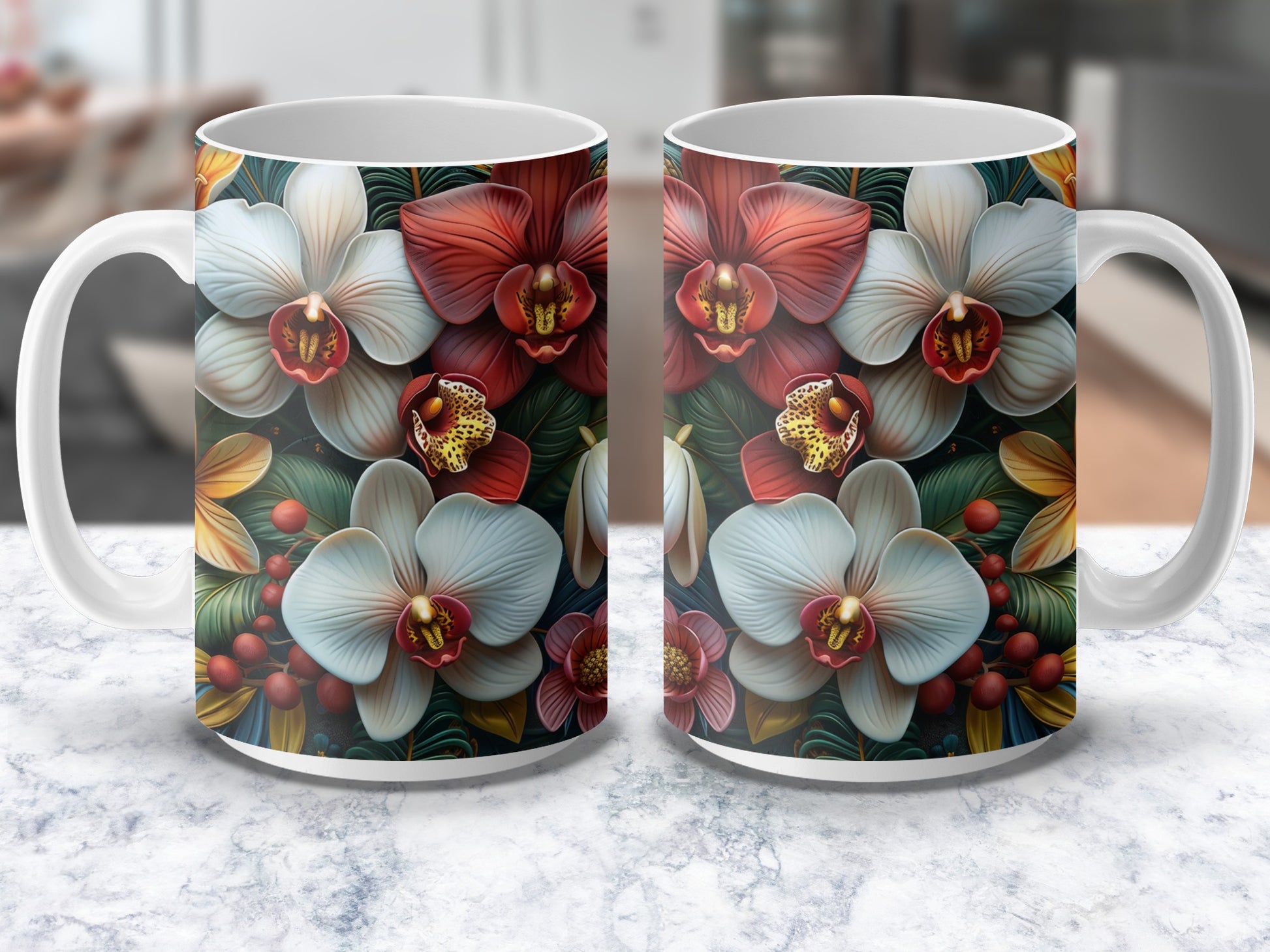 Floral Coffee Mug Set, Orchid and Hibiscus Design, Elegant Tea Cups, Gift Idea, Colorful Drinkware, Kitchen Decor
