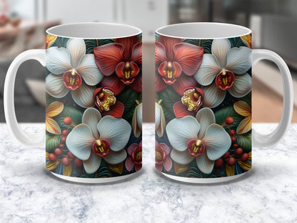 Floral Coffee Mug Set, Orchid and Hibiscus Design, Elegant Tea Cups, Gift Idea, Colorful Drinkware, Kitchen Decor
