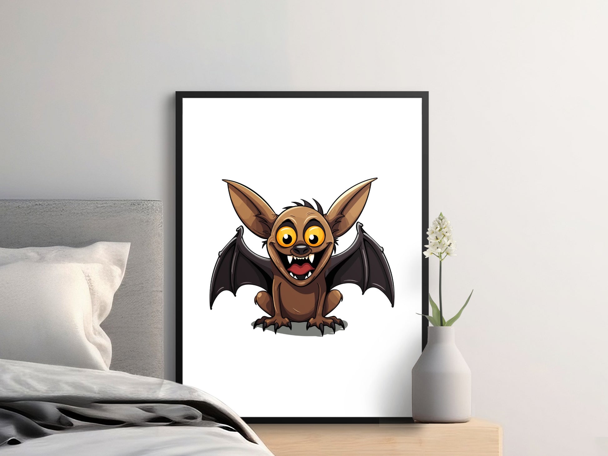 Cartoon Bat Art Print, Cute Animal Wall Decor, Kids Room Fun Poster, Colorful Nursery Artwork