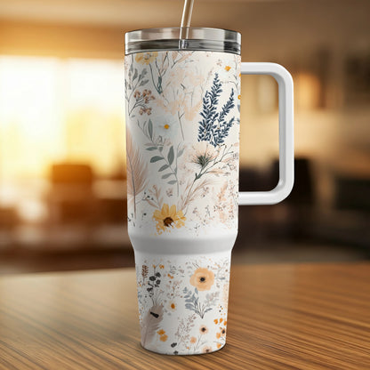 Floral Insulated Tumbler Stainless Steel Travel Mug with Lid, Elegant Botanical Print, Gift for Her