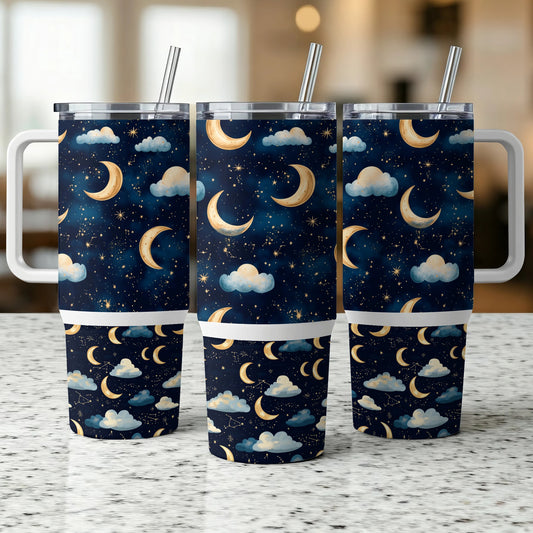 Celestial Tumbler Cups, Moon and Stars Insulated Travel Mugs, Night Sky Design, Stainless Steel, Reusable Straws Included, Set of 3
