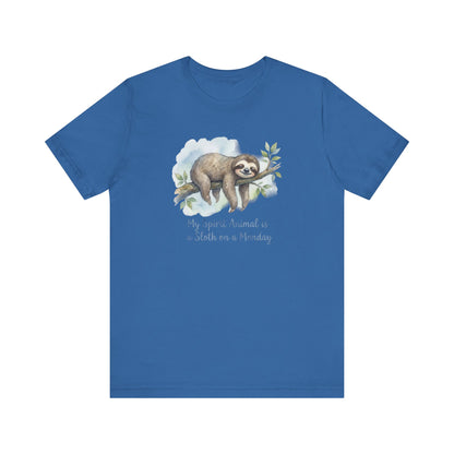 Blue t-shirt with watercolor sloth on a branch and text "My Spirit Animal is a Sloth on a Monday".