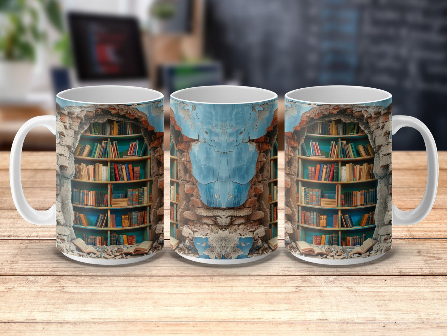 Vintage Library Bookshelf Design Coffee Mug, Rustic Stone Wall Art Print, Unique Gift for Book Lovers