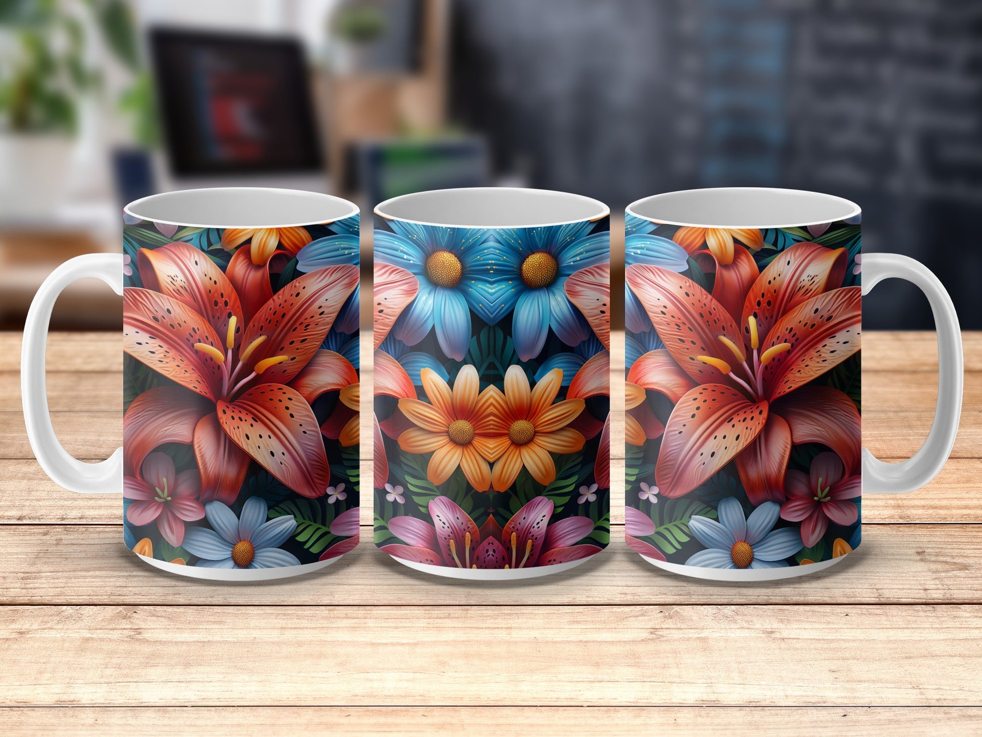 Colorful Floral Coffee Mug Set, Tiger Lily and Daisy Print, Unique Gift Idea, Vibrant Kitchen Decor