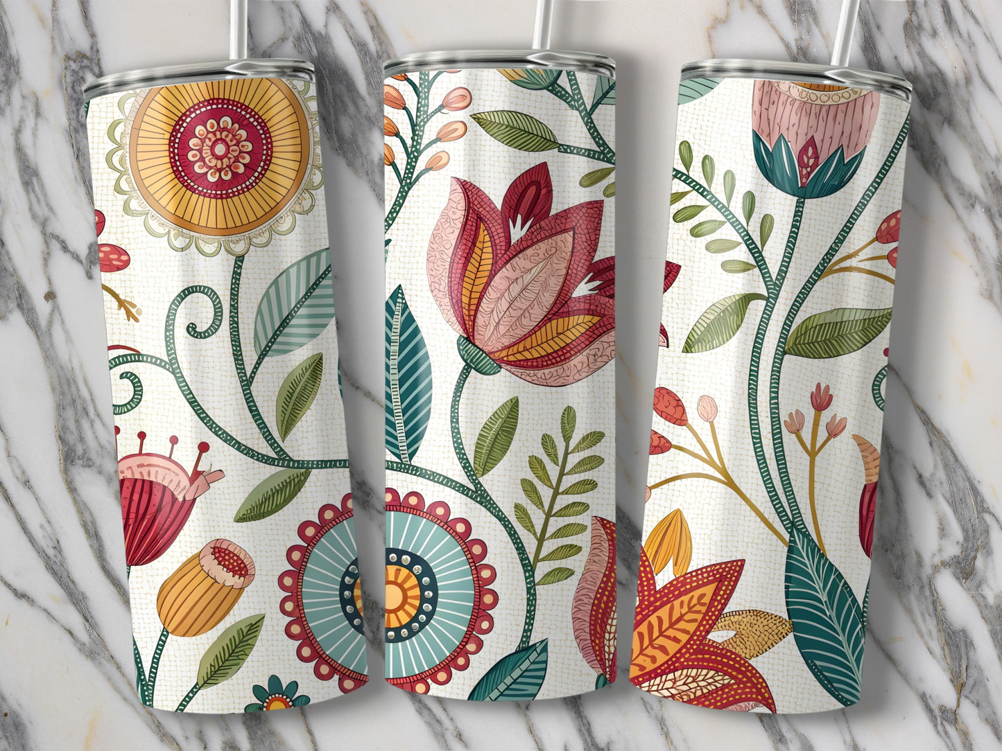 Colorful Floral Pattern on White Background Tumbler product