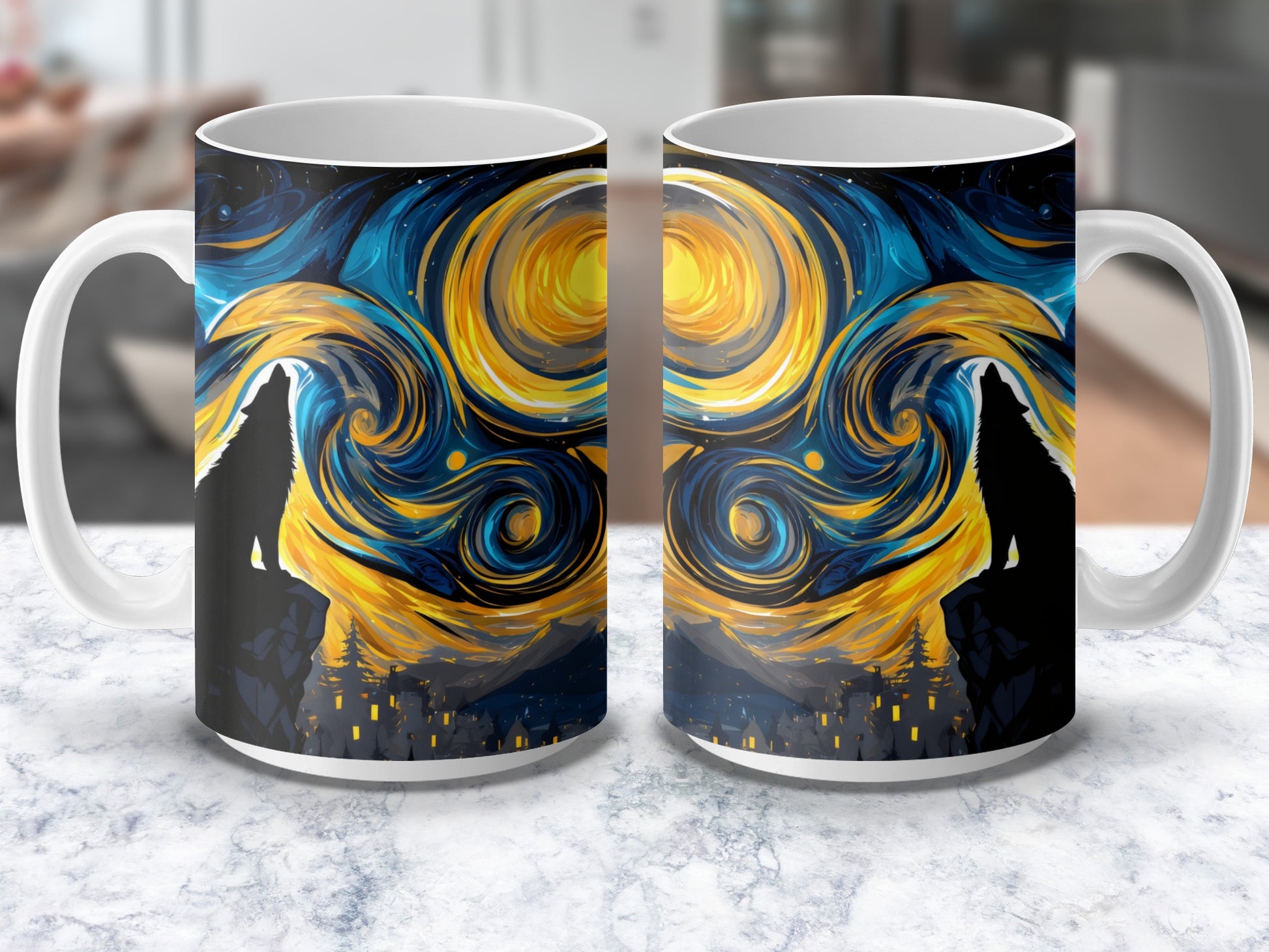 Abstract Art Coffee Mug, Van Gogh Inspired Swirl Design, Blue and Yellow Artistic Cup, Unique Gift Idea