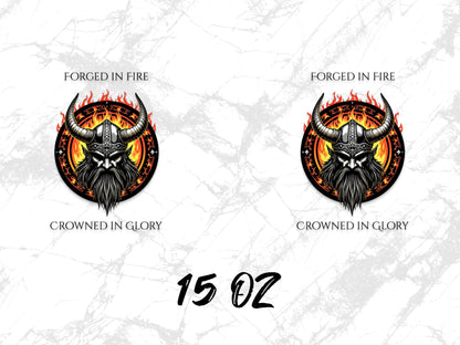 Forged in Fire Viking Skull Graphic T-Shirt, Flame Horns Design, 15 Oz, Crowned in Glory, Fire Themed Apparel