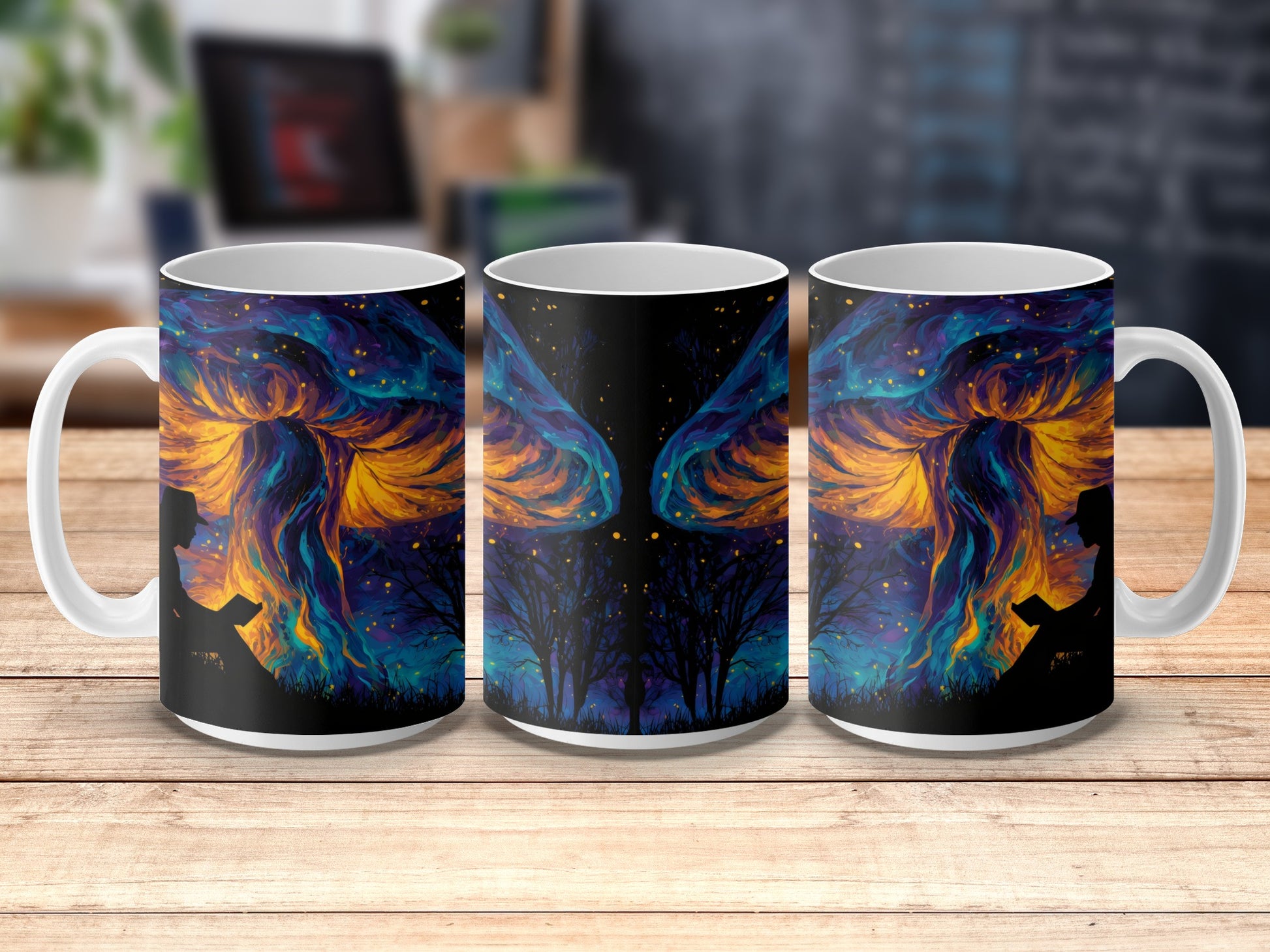 Vibrant Cosmic Art Coffee Mugs, Mystical Space Galaxy Design, Unique Starry Night Sky Cups with Trees and Birds