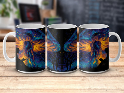 Vibrant Cosmic Art Coffee Mugs, Mystical Space Galaxy Design, Unique Starry Night Sky Cups with Trees and Birds