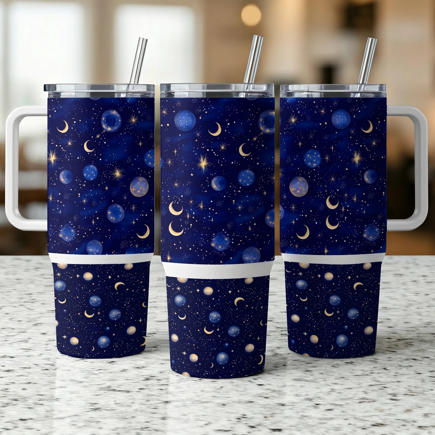 Celestial Tumbler Set, Navy Blue Starry Night Sky Design, Insulated Vacuum Mugs with Straws, 20oz