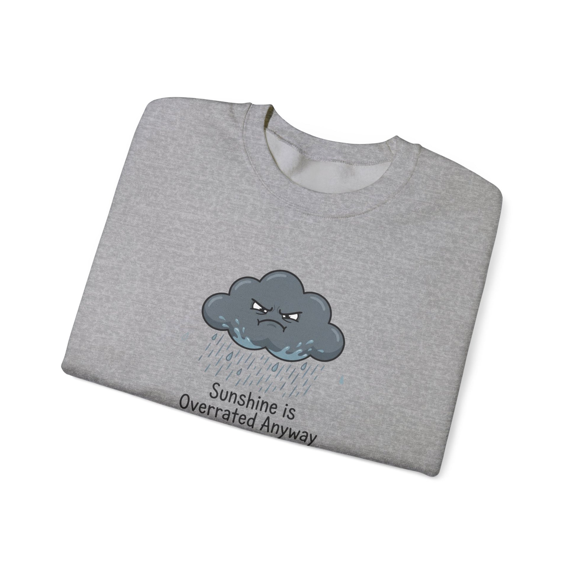 Gray sweatshirt with an angry cloud and rain graphic and text.
