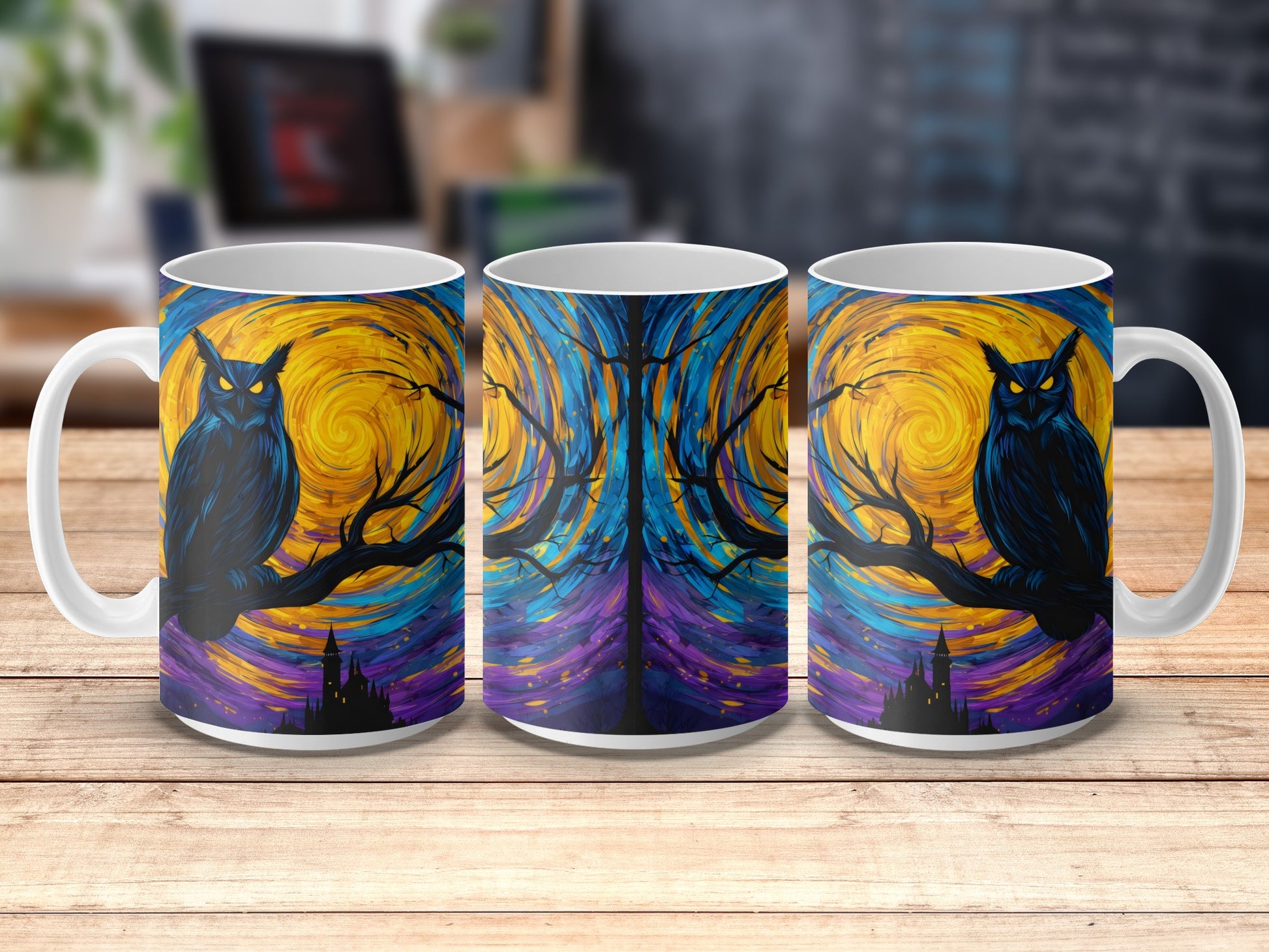 Van Gogh Style Starry Night Owl Coffee Mugs, Artistic Blue and Yellow Drinkware, Unique Home Decor Kitchen Gift
