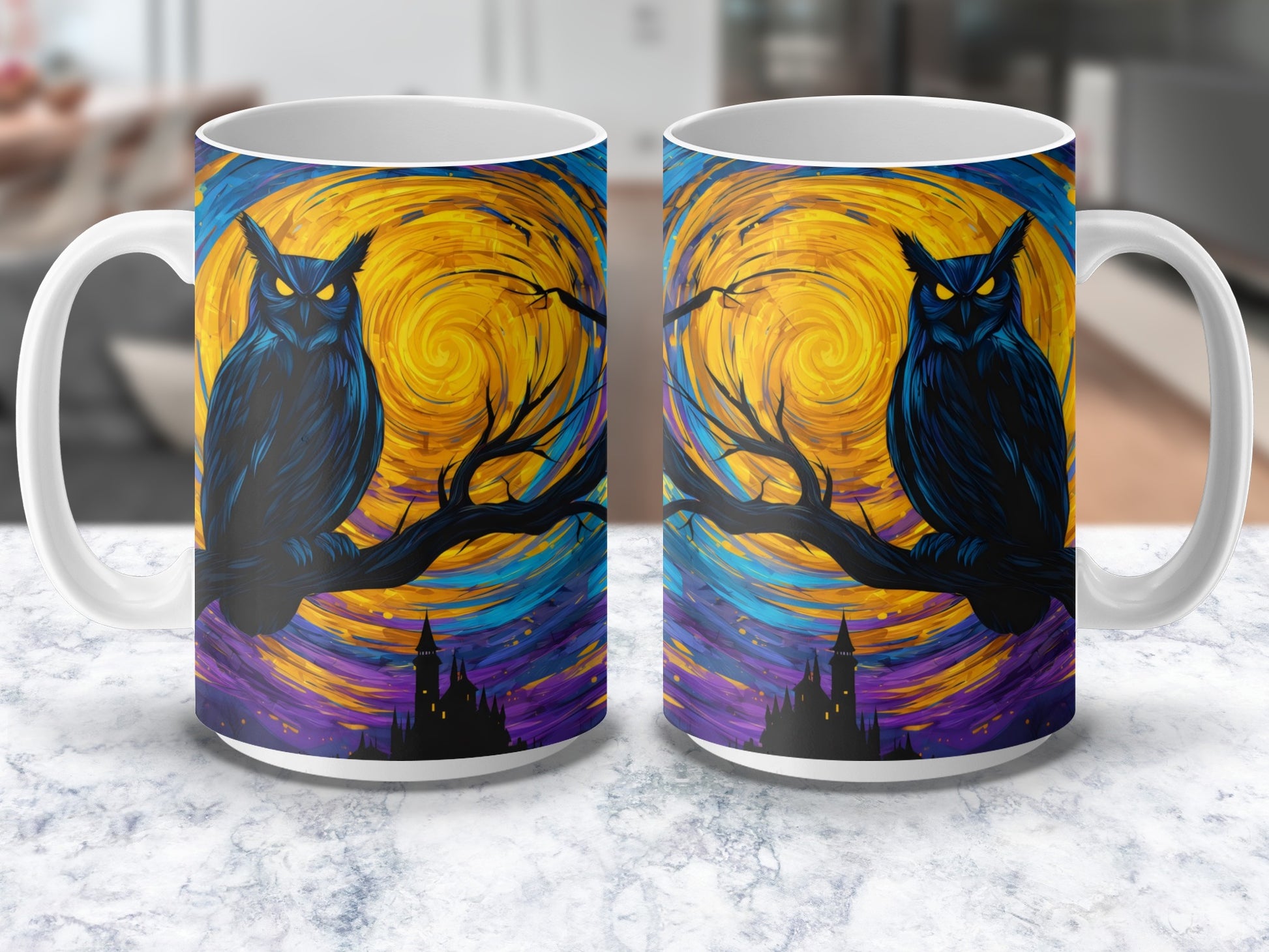 Vibrant Owl Coffee Mug, Artistic Starry Night Design, Unique Blue Owl Drinkware, Colorful Kitchen Decor Gift