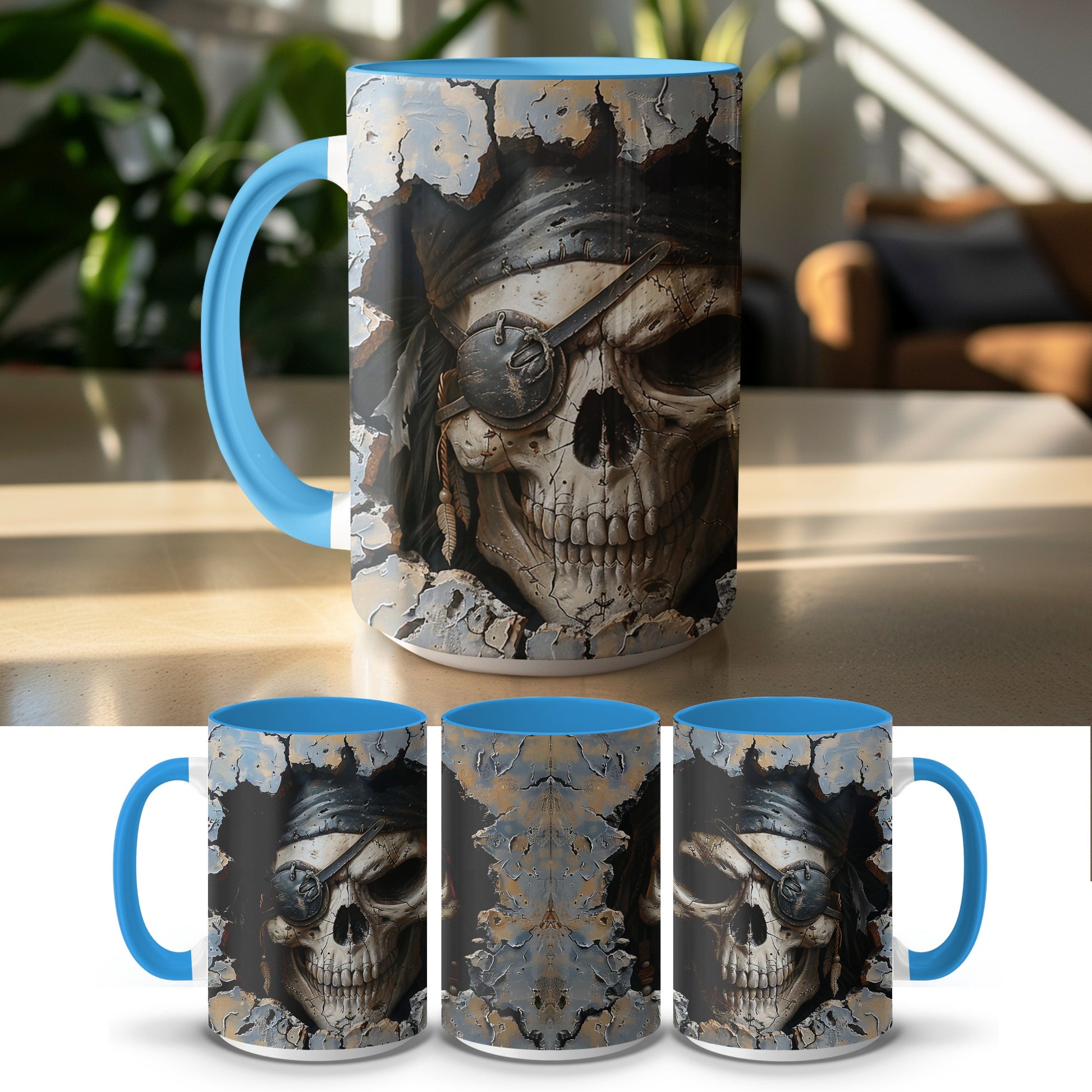 Pirate Skull Mug with Blue Handle Unique Coffee product type