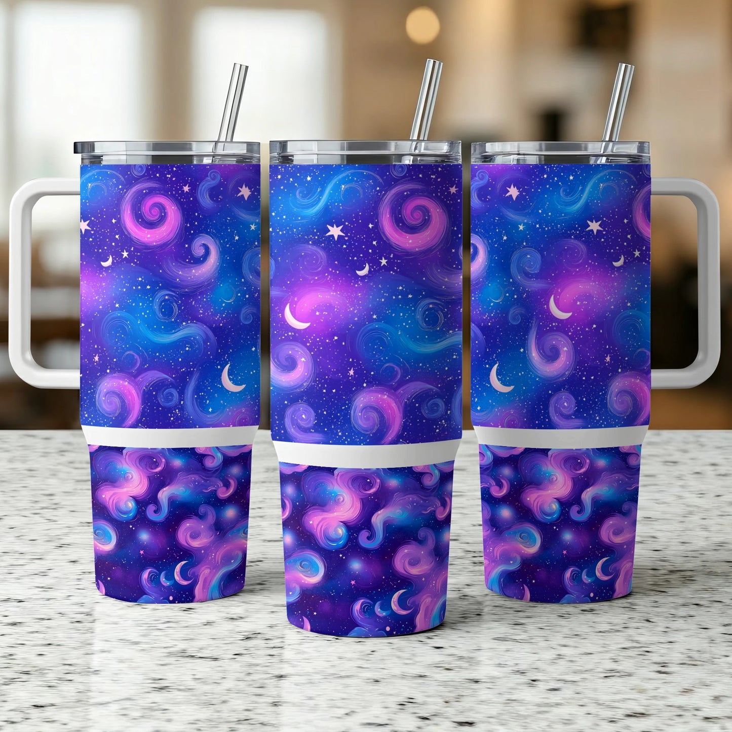 Galaxy Print Insulated Tumblers with Lids and Straws, Stellar Swirl Design, Stainless Steel Travel Mug, Set of 3