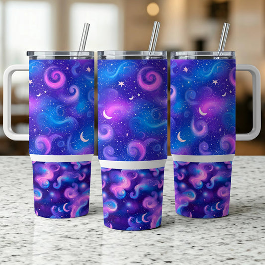 Galaxy Print Insulated Tumblers with Lids and Straws, Stellar Swirl Design, Stainless Steel Travel Mug, Set of 3