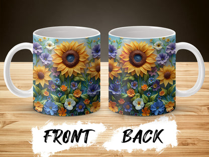 Floral Sunflower Coffee Mug, Vibrant Garden Design, Colorful Spring Flowers, Unique Gift Idea, Ceramic Mug