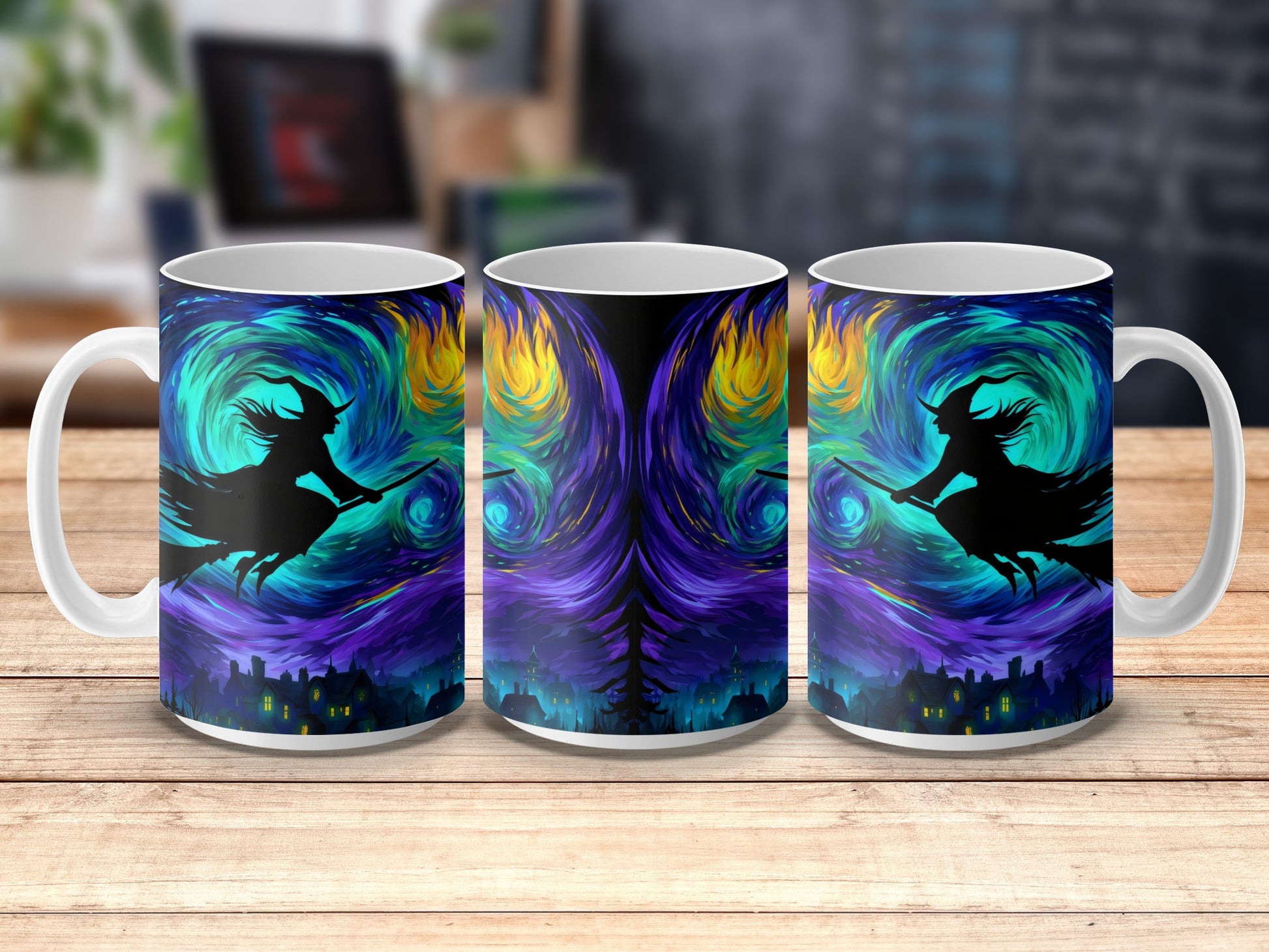 Colorful Witch and Cat Silhouette Halloween Coffee Mugs, Artistic Swirl Design, Unique Gift Idea