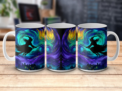 Colorful Witch and Cat Silhouette Halloween Coffee Mugs, Artistic Swirl Design, Unique Gift Idea