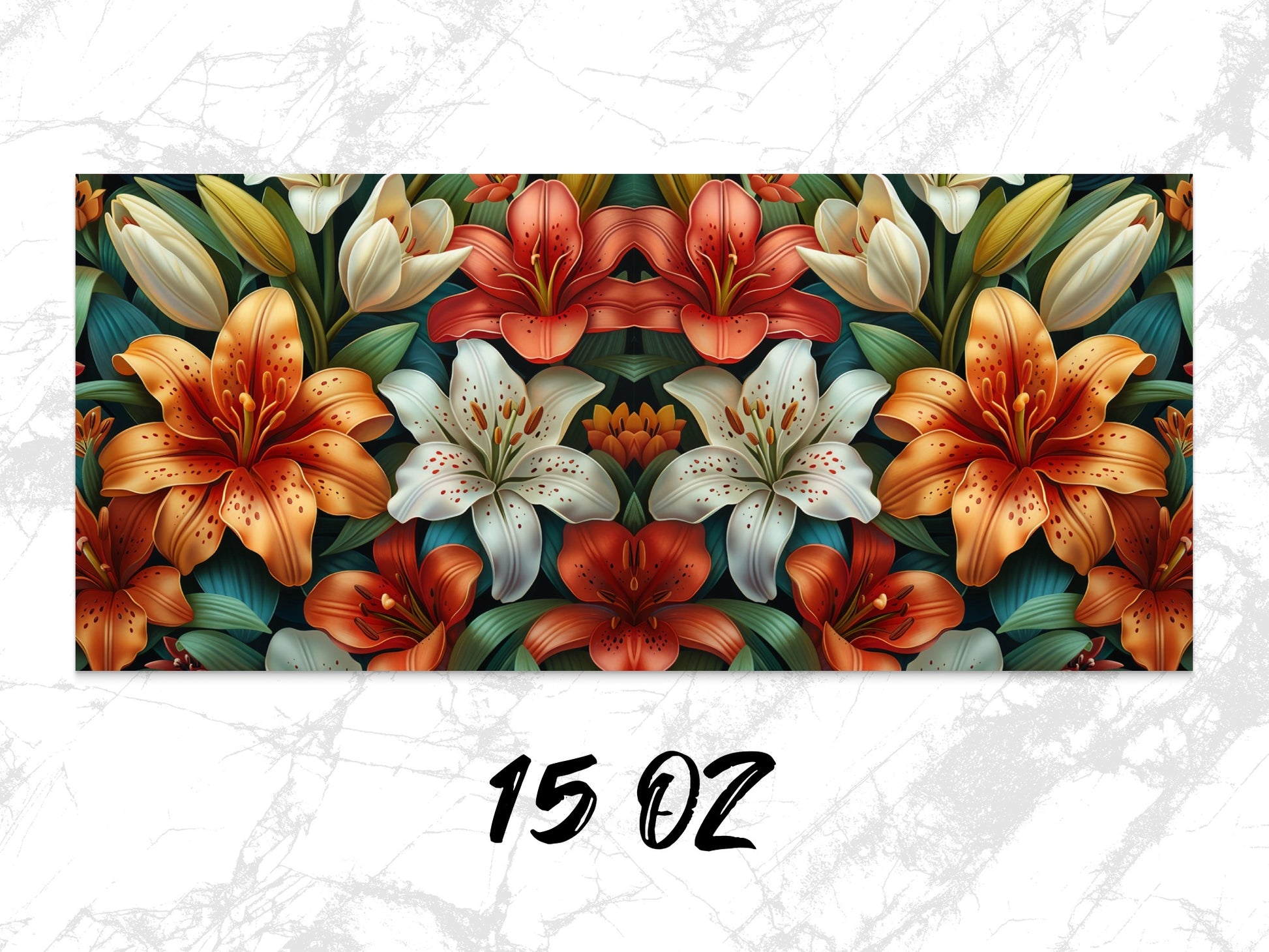 Floral Coffee Mug, Symmetrical Lily Design, Vibrant Colors, 15 oz, Elegant Gift, Nature Art