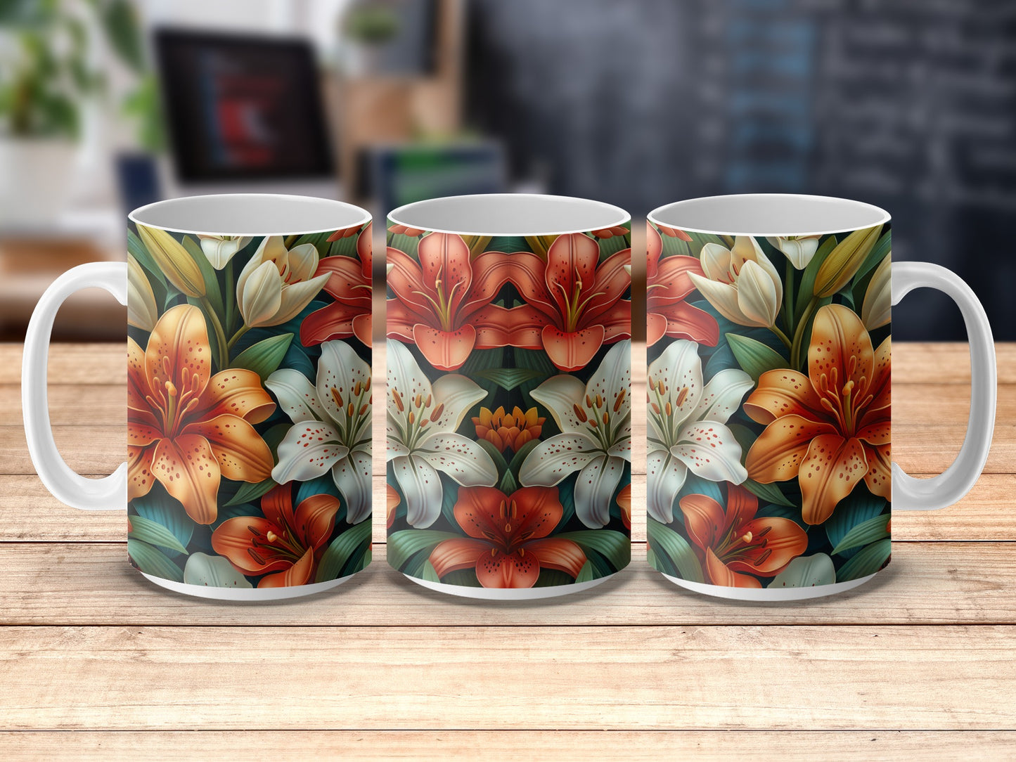 Floral Coffee Mug Set, Vibrant Lily Design, Ceramic Tea Cups, Kitchen Decor, Gift Idea