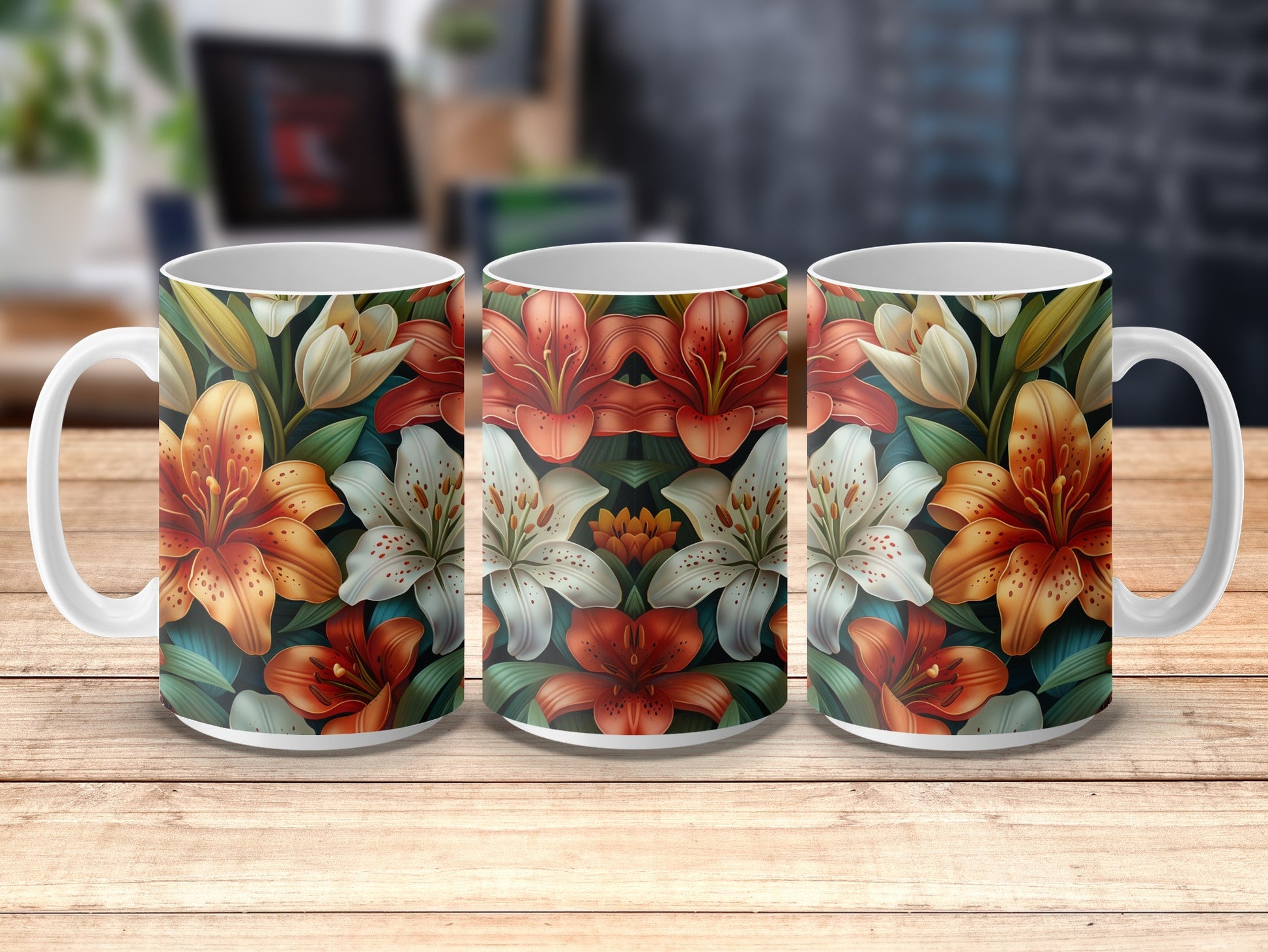 Floral Coffee Mug Set, Vibrant Lily Design, Ceramic Tea Cups, Kitchen Decor, Gift Idea
