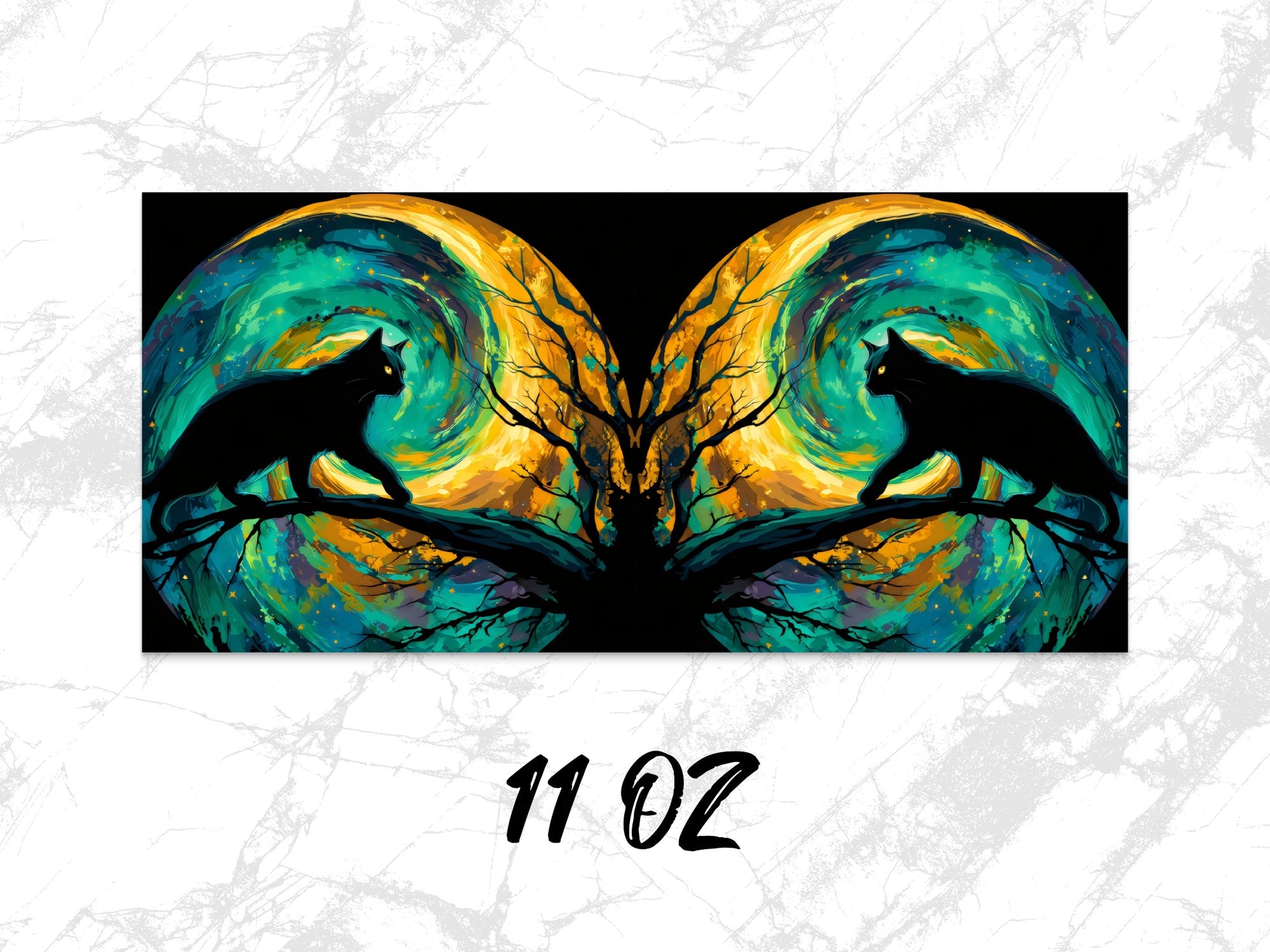 Abstract Cat Art Coffee Mug, Vibrant Teal and Black, Tree Silhouette, 11 oz, Unique Artistic Drinkware, Gift for Cat Lovers