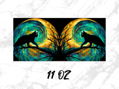 Abstract Cat Art Coffee Mug, Vibrant Teal and Black, Tree Silhouette, 11 oz, Unique Artistic Drinkware, Gift for Cat Lovers
